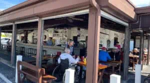 open air dining area. of a famous smoked fish restaurant