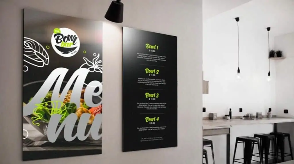 rendering inside a restaurant with black menu boards and counter seating