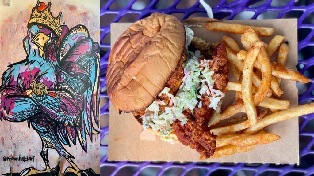 King of the Coop's logo and a Nashville hot chicken sandwich with fries