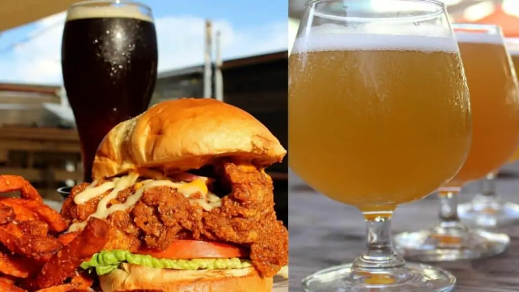 A fried chicken sandwich and a row of beers