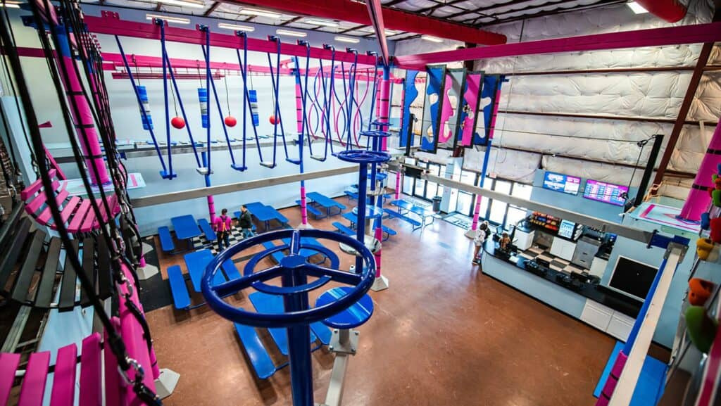 rope swingsand aerial courses in a climbing gym
