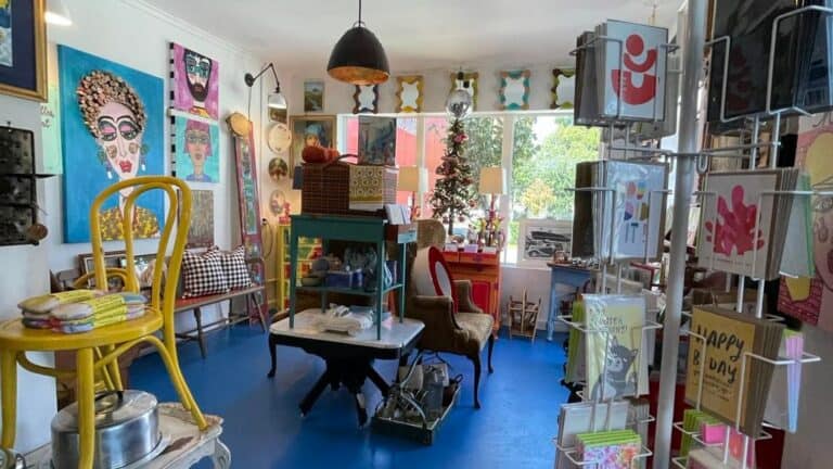 interior of a vintage shop with blue floors