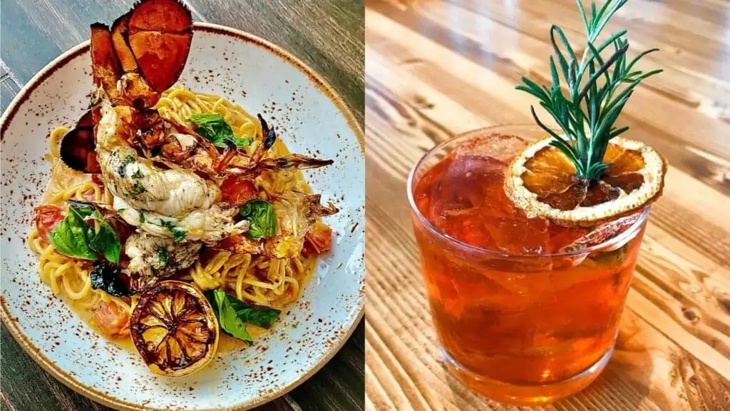 A pasta dish and a cocktail