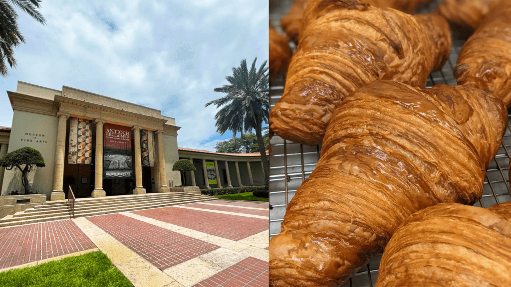 Exterior of a museum with multiple pillars out front, and a dish filled with fresh baked croissants