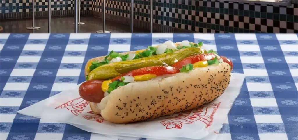 A chicago style hot dog on a poppy seed bun set on a piece of blue and white tissue paper