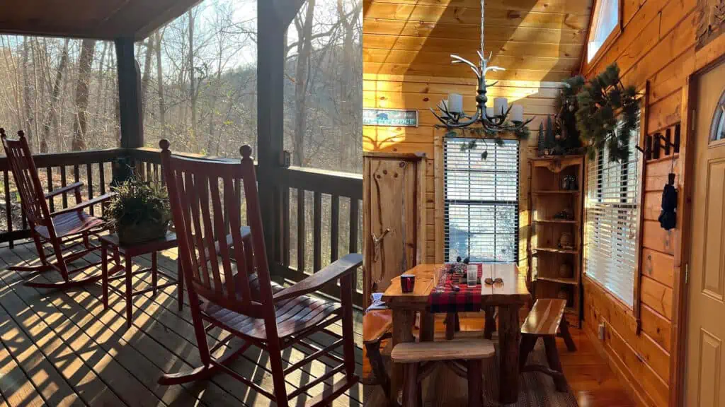 Rocking chairs on a porch and dining area inside log cabin