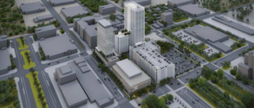 rendering of a 4.5 acre mixed use development featuring an apartment tower, a parking garage and a hospital. 