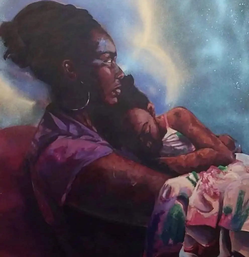 Painting of a mother holding her child. A dreamy starry night background is painted behind them.