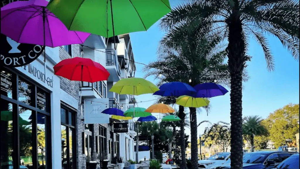 Downtown Dunedin and its colorful umbrellas