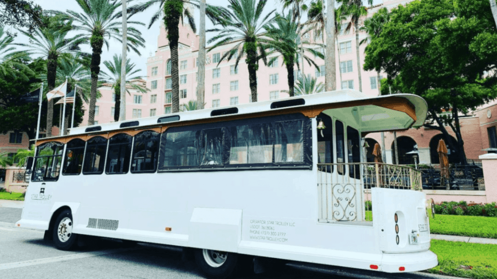 The trolley outside of a hotel