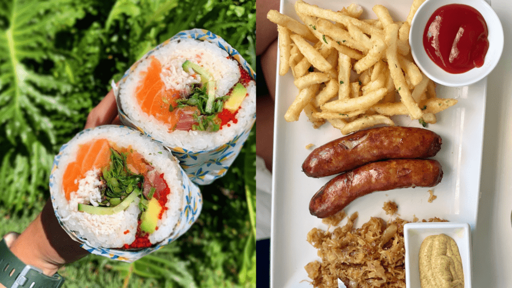 A sushi burrito from Pacific Counter and a sausage plate from German Knodle