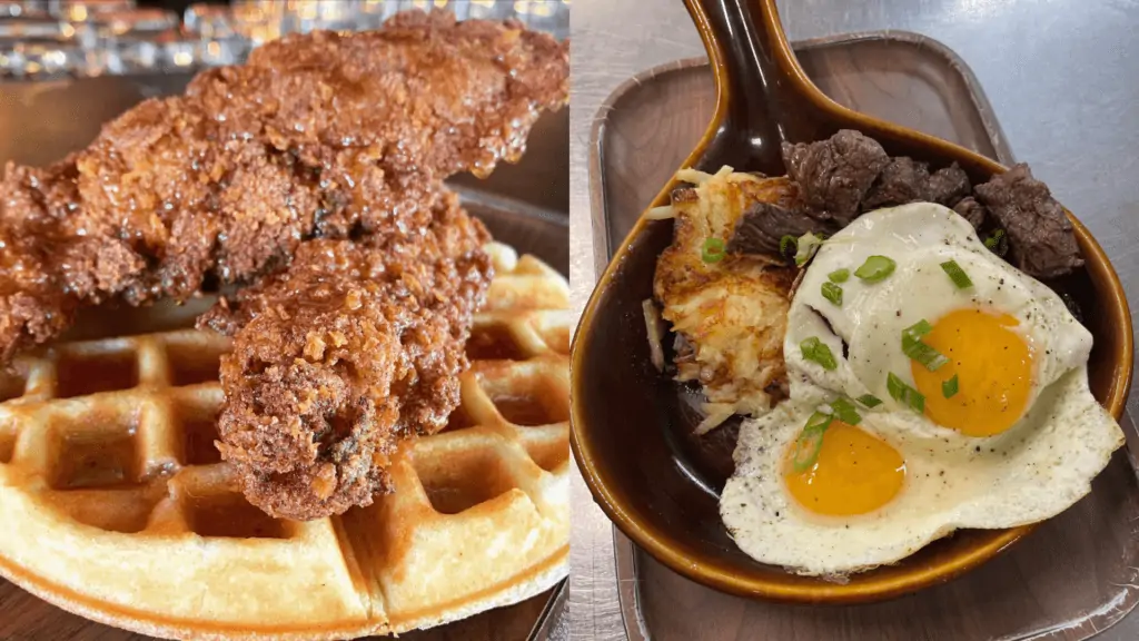 Chicken and waffles, left, and steak and eggs, right