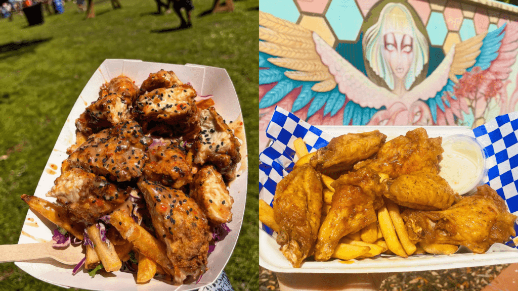 Two pictures of baskets of chicken wings