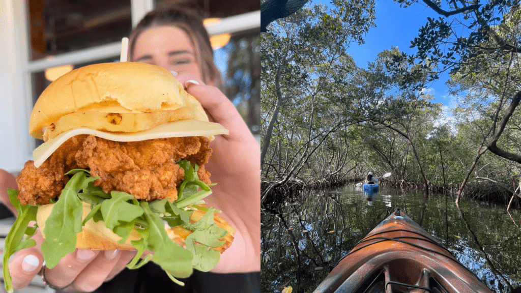 A chicken sandwich, left, and kayaks at Weedon Island, right