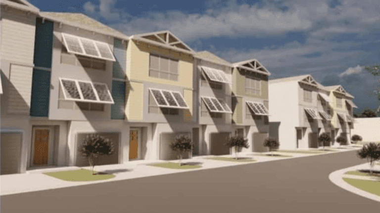 A rendering of three-story townhomes