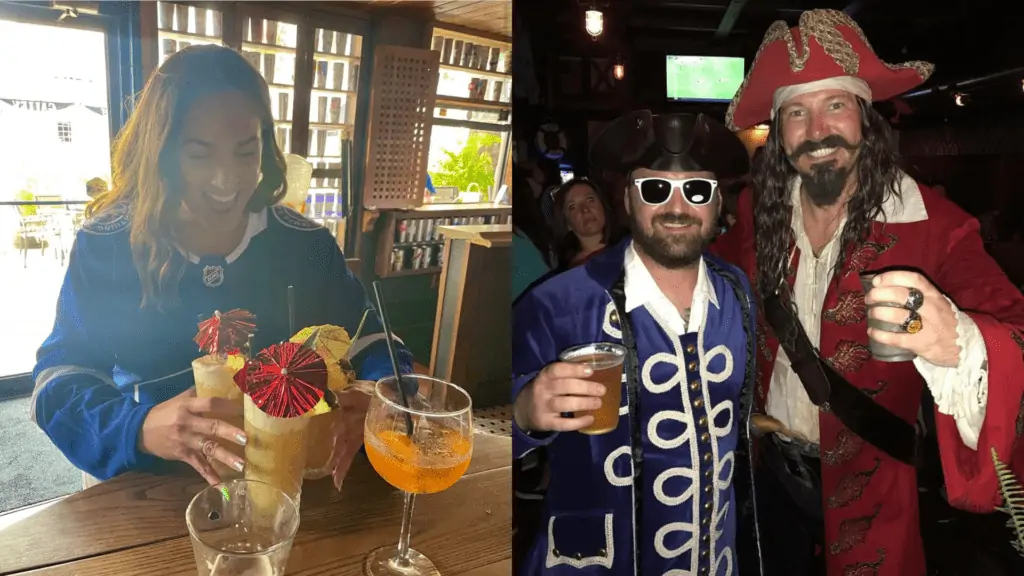 A patron with cocktails, left, and two pirate-dressed party-goers, right