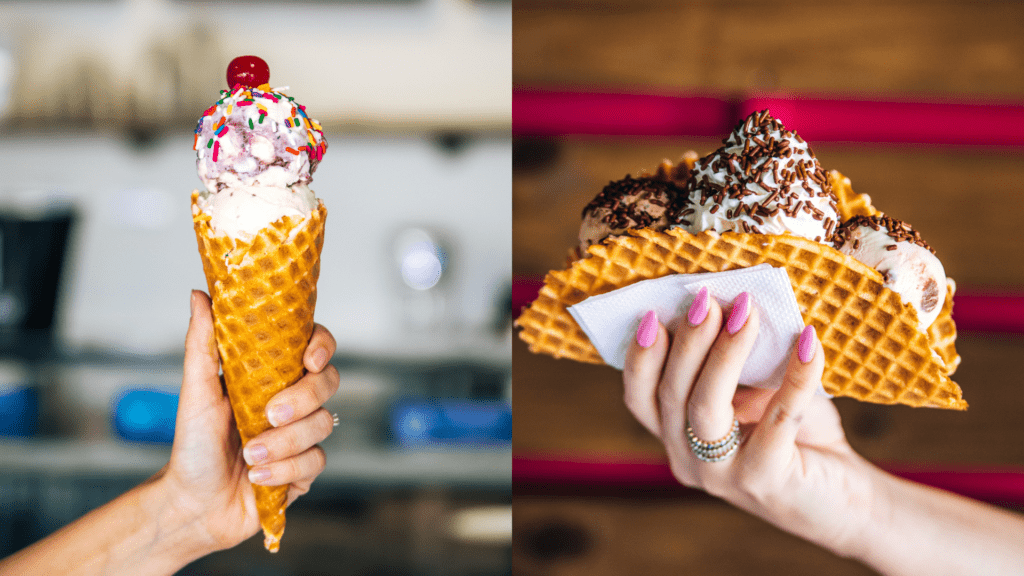 An ice cream cone and an ice cream taco