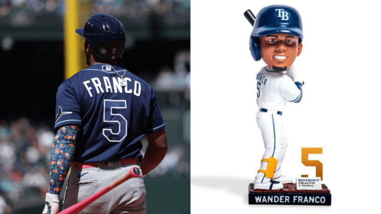 Wander Franco batting, left, and a bobblehead, right