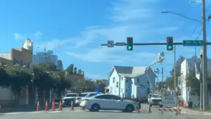 A home being moved down the street