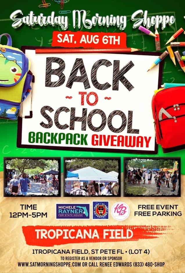 back to school backpack giveaway with images of backpacks and people lined up at tents outside