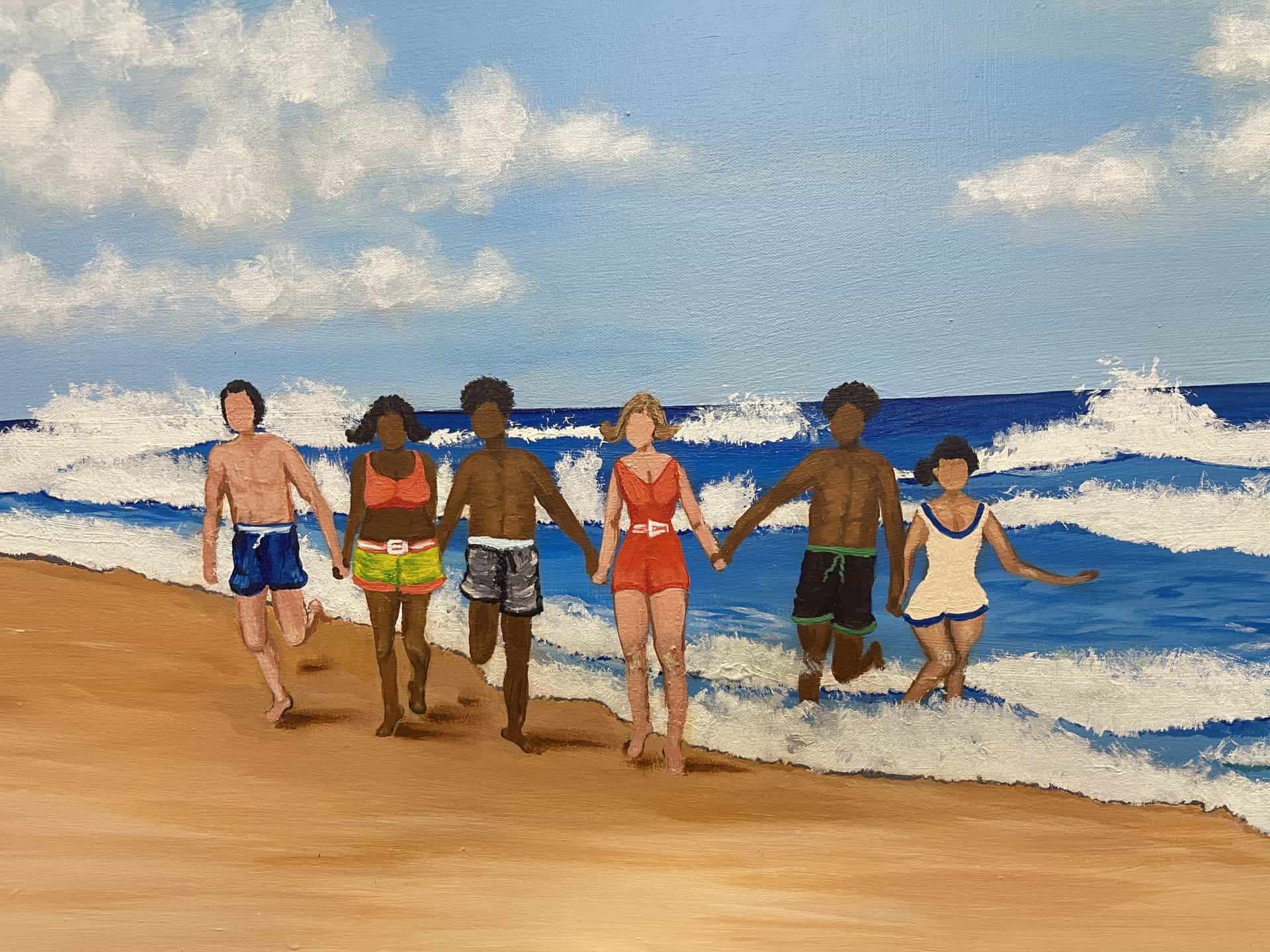 painting of 6 diverse, faceless people holding hands walking on the beach