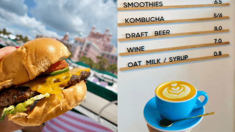 Someone holding a burger in front of Don Cesar, and a latte inside Leaping Llama Cafe