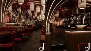 Renderings of a stylish bar with lovely overhead lights and maroon booth seats