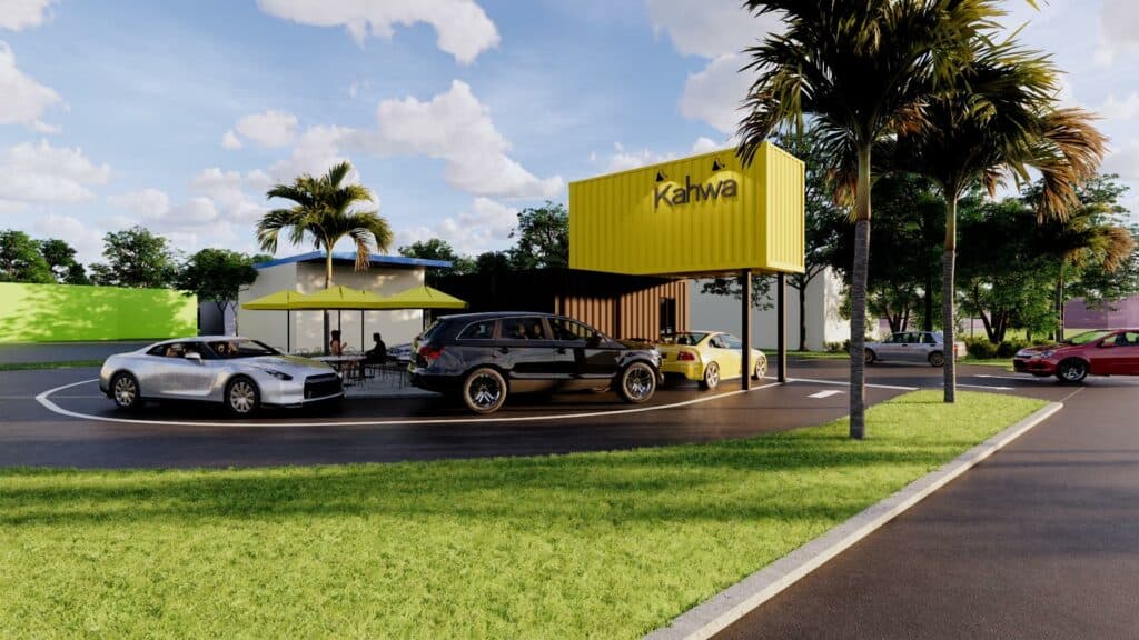 A rendering of the drive thru portion of Kahwa's shipping container cafe