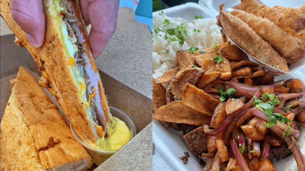 The Peruban sandwich, left, and a platter of Peruvian dishes, right