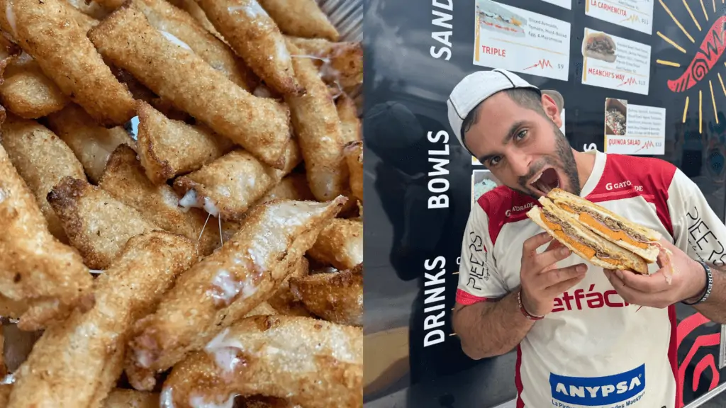 Cheese sticks, left, and the owner with a sandwich, right