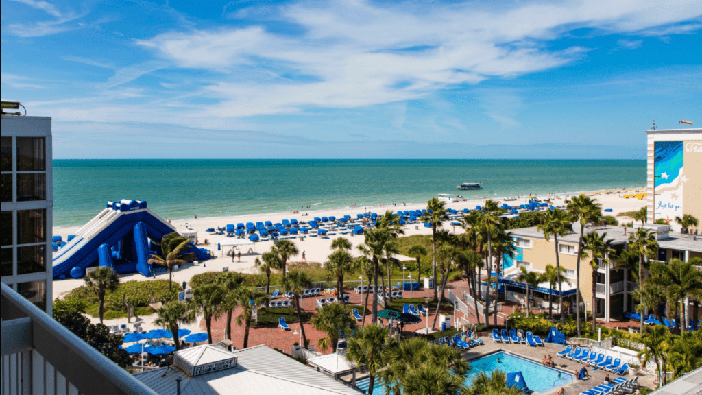 A wide shot of the beachfront amenities at Tradewinds