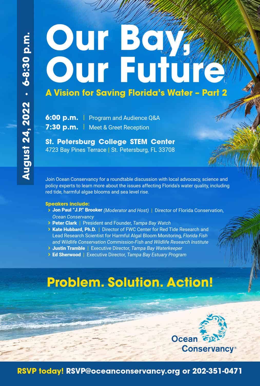 Our Bay, Our Future event details with image of palm trees on the beach