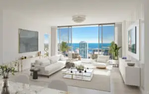 All white furniture in condo overlooking the bay