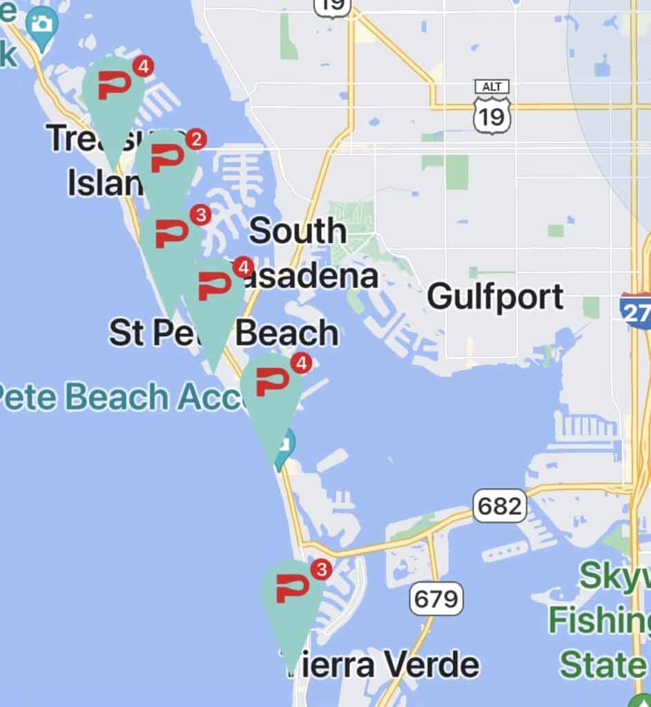 Google Map view of SUP Rental Locations near St. Pete