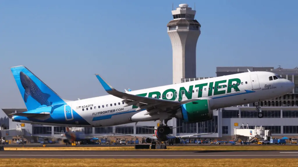 A Frontier plane taking off
