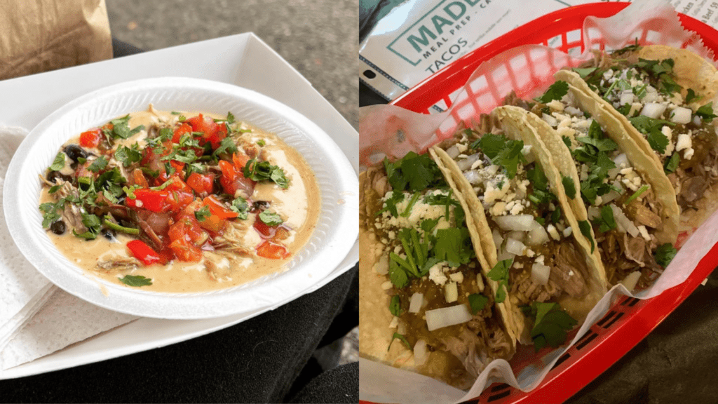 The loaded queso and a plate of tacos from Made Fresh Taqueria