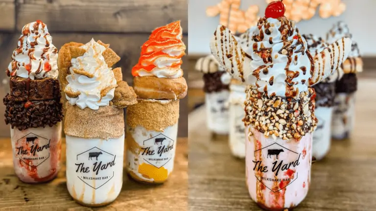 A collage of colorful topping-laden milkshakes from The Yard
