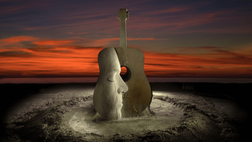 A sand sculpture at sunset
