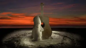 A sand sculpture at sunset