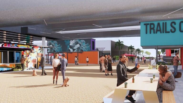 rendering of trails crossings with mural-covered walkways