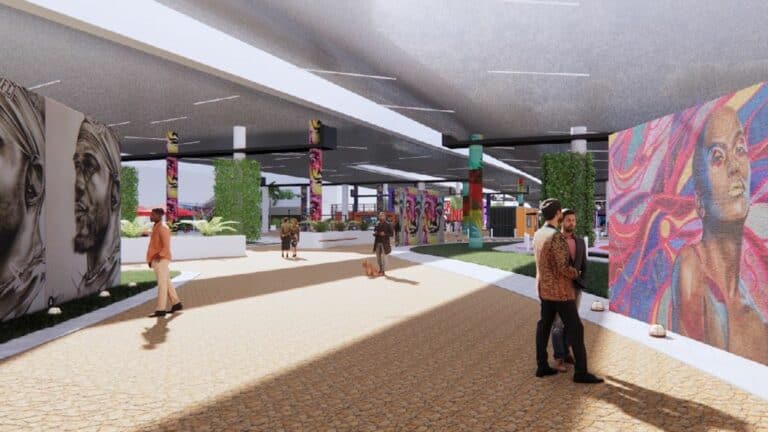 Rendering of a pedestrian walkway with multiple public art installations along the path.