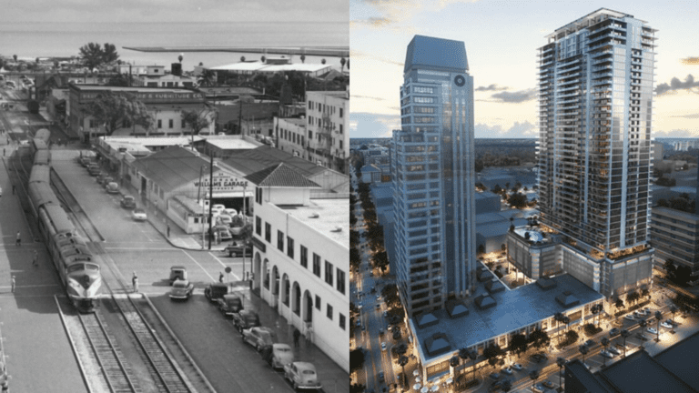 The old St. Pete train station, left, juxtaposed with a rendering of luxury condo tower Art House, right
