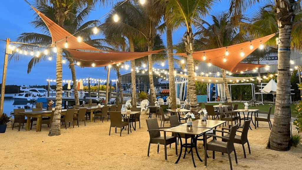 A waterfront bar at night