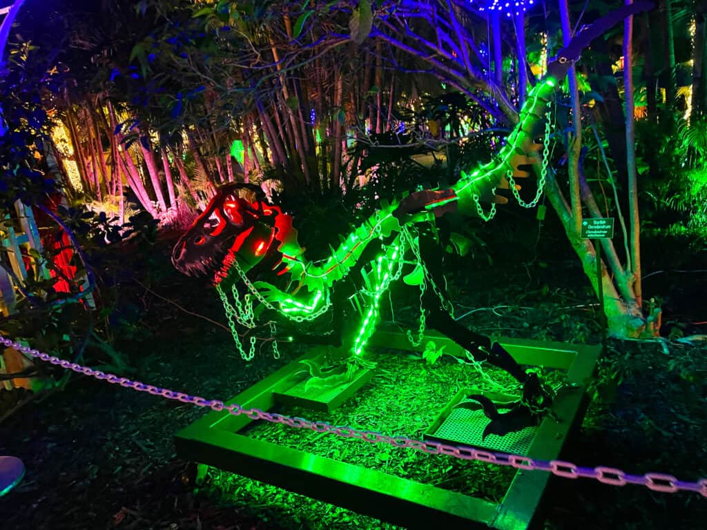 a lighted t-rex sculpture at the botanical gardens