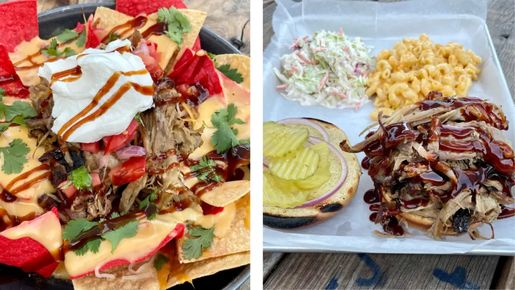 Plates of nachos and pulled pork