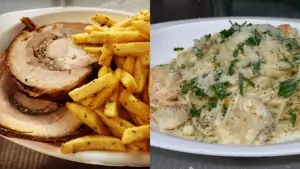 Porchetta, fries, and a shrimp pasta