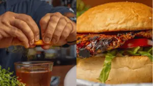 An old fashioned, left, and a fish sandwich, right