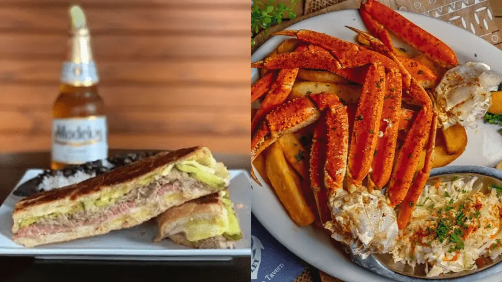 A Cuban sandwich on left, and crab legs on the right