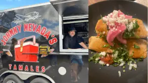 A food truck and a plate of tamales