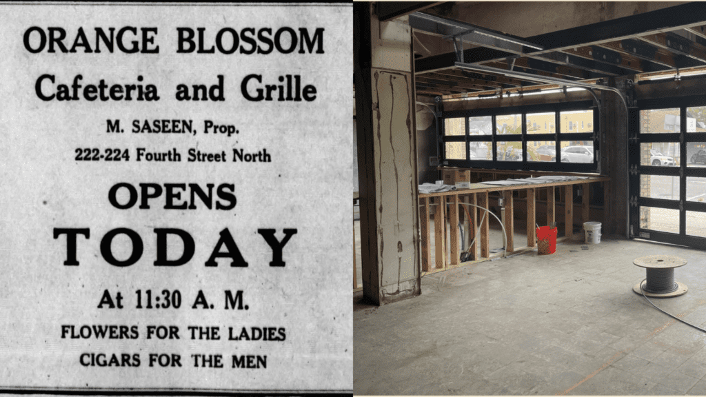 An old cafeteria sign, left, and current interior construction of Voodoo Brewing Co., right.